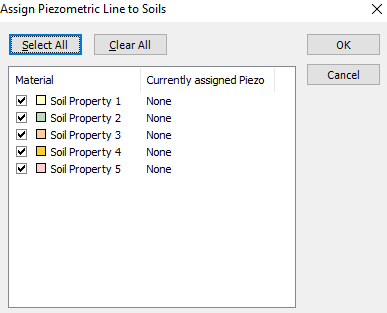 Assign Piezometric Line to Soils dialog